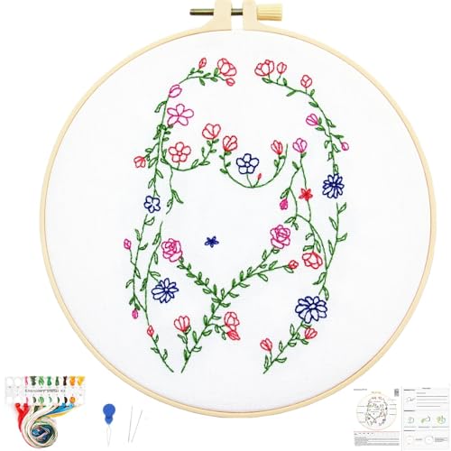 Woman Flowers Embroidery Kits for Beginners Adults, Floral Hand Embroidery Starters Kits, Stamped Cross Stitch Kits DIY Needlepoint Kits for Beginners Adult, Embroidery Hoop, Thread and Video Tutorial - color: H2082
