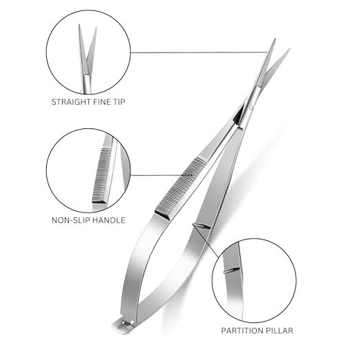 Eyebrow Micro Scissors 4.5” – Straight Castroviejo Stitch Cutting Scissors, Extra Sharp Spring-Action for Embroidery, ENT, Eye, Skin, Dental & Precision Grooming – 61050 - size: 4.5 inch (Pack of 1)