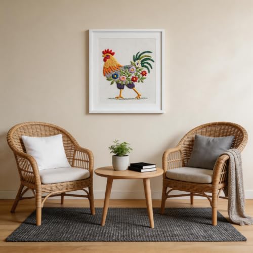 Herdiese Embroidery Kit for Beginners, Rooster Flower Set with Hoop - color: Chicken