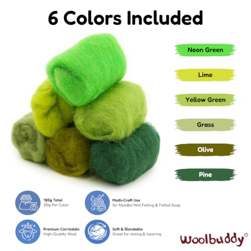 Woolbuddy Corriedale Wool Roving Kit for Needle Felting (Green) 20g Each - color: Green