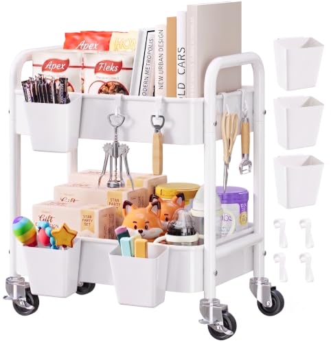 2 Tier Small Rolling Cart Metal with Wheels, White Under Desk Storage Carts - color: Light White, size: 2 Tier + Cups + Hooks