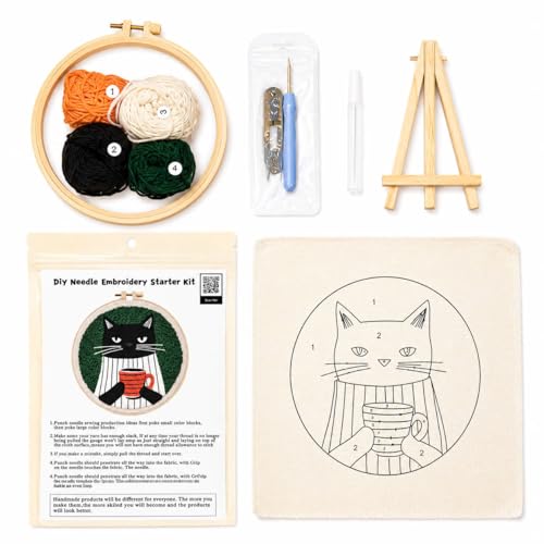 CELCRAFTIQUE Punch Needle Kits for Adults Beginner, Tool with Punch Needle Fabric, Hoops, Yarns and Sewing Needles (Coffee Cat) - color: Coffee Cat