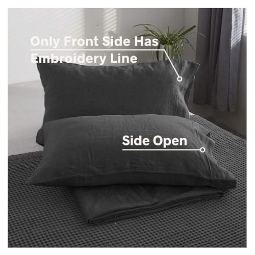 100% French Linen Pillowcases with Embroidery - Pack of 2 - Washed Solid Color Natural Flax Soft Breathable - Dark Grey, 20'' x 30'' - color: Dark Grey, size: 20''x30'' - Embroidery