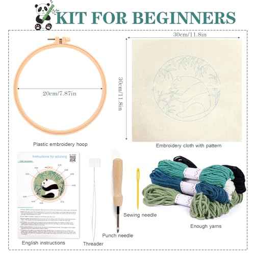 KESTAR Punch Needle Embroidery Starter Kits, Panda Bamboo Punch Needle Kits for Adults Beginner, Needle Punch Kit Tool with Instruction Threader Fabric Yarns and Hoop - color: Black White Panda