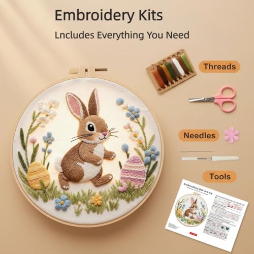 PALUPJEF Rabbit Embroidery Kits for Beginners, Cross Stitch Kits for Adults Easy Needlepoint Kits for Adults with Funny Animal Pattern,DIY Needlepoint Embroidery Starter Kit with Instructions