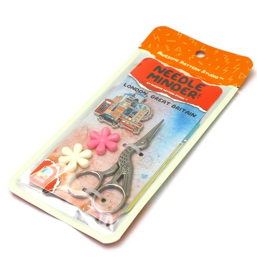 Awesome Pattern Studio Needle Minder Set – London Magnetic Needle Minder + 2 Needle Threaders + Crane Scissors. Enamel Pin for Cross Stitch, Embroidery and Craft - size: London Set #2