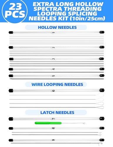 BLUEWING Hollow Spectra Threading Looping Splicing Needles Kit 23pcs Stainless Steel Fishing Rigging Needle Set - size: 10"