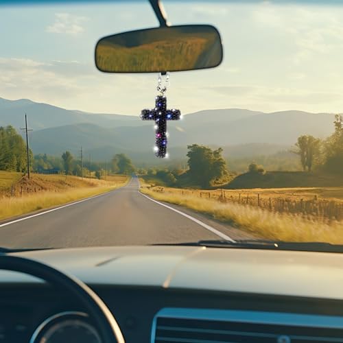 Bling Car Rear View Mirror Accessories Hanging Pendant,Cross Crystal Rhinestone For Car Mirror Hanging,Double-Sided Cross Diamond Religious,Interior Men Women Car Accessories - color: Black