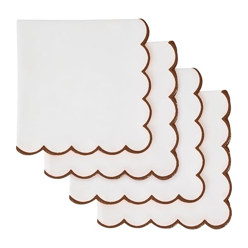 Blue Needles Cotton Scalloped Embroidery Cloth Napkins 17X17Inch - Set of 4 - color: Half White(edges - Nut Brown)