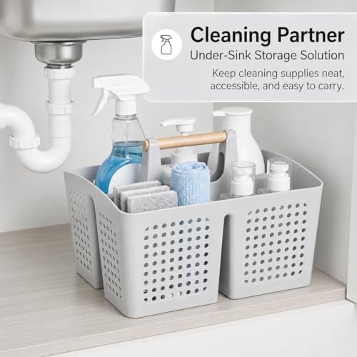 Portable Shower Caddy Basket with 3 Compartments and Handle, Light Gray - color: Light Gray