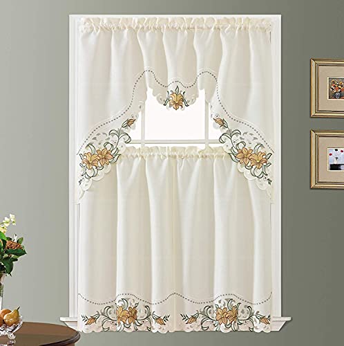 GOHD Lily Fragrance 3pcs Colorful Embroidery Kitchen Cafe Curtain Set.Gold - color: Gold
