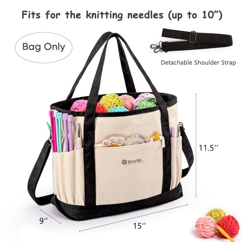 MYBAGZING Canvas Yarn Storage Organizer Bag Washable Crochet Bag with Pockets for Yarn, Hooks, Needles – Travel Knitting Tote for Crafters – Gift for Crocheters & Knitters (Medium/Large) - color: Nature-Black, size: Large-15”