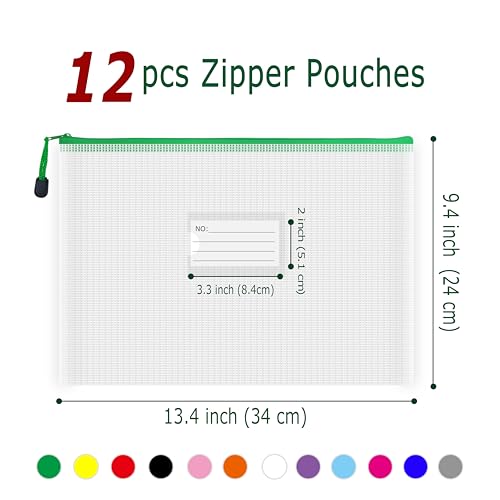 Plastic Mesh Zipper Pouch, 12 Pcs Zipper File Bags with Label Pocket, Game Boards Storage Bags, Waterproof Document Storage Bags for Office Home Travel Cosmetic (A4 Size 13.4 x 9.4 in) - size: A4 Size 13.4x9.4in