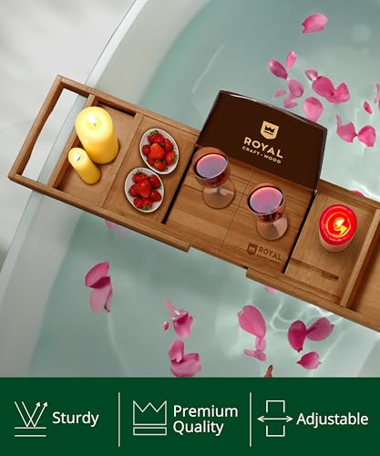 Trending Now Wood Bath Tray – Bathtub Tray for Tub, Expandable Bamboo Bath Tray & Bathtub Caddy with Book Holder, Wine Glass Holder, Phone & Tablet Stand, Spa Bath Accessories, Birthday Gifts for Mom - color: Brown
