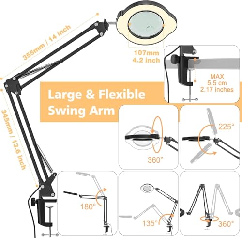 15X 10X Magnifying Glass with Light and Clamp, Magnifying Lamp