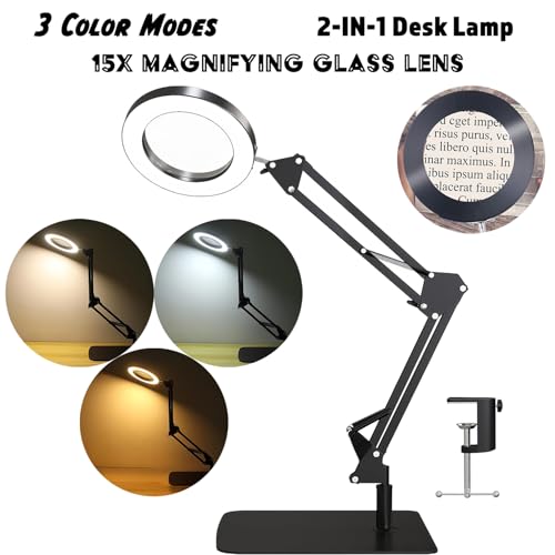 15X Magnifying Glass with Light, Table Lamp with Stand and Clamp, 2-in-1 LED Desk Lamp with Magnifier, 3 Color Modes, 72 LEDs, Real Glass Lens for Close Works, Craft, Hobby, Painting, Reading, Repair