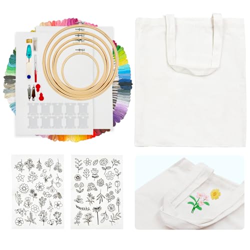 SNAIL GARDEN 256PCS Complete Embroidery Kit with Canvas Bag,2 Sticky Water Soluble Paper Stabilizers with 50 Patterns, 100 Colorful Threads, 5 Hoops, Fabric Pieces, Needle Threaders,Thread Organiser