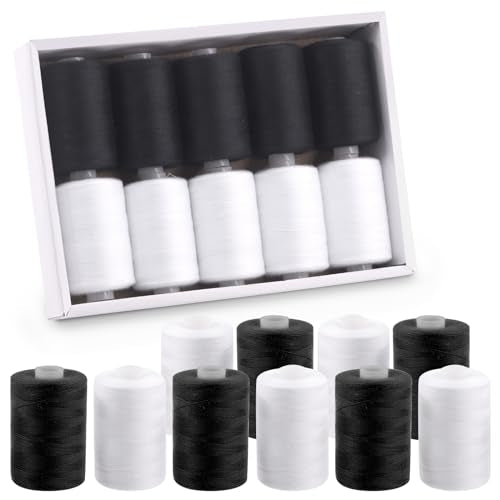 Swpeet 10Pcs 1000 Yards Black White 2 Colors All Purpose Threads Assorment Kit, Handy Polyester Sewing Threads Embroidery Thread, Hand Sewing Needle Threaders Set for Crafters Lovers - color: Black and White Styles