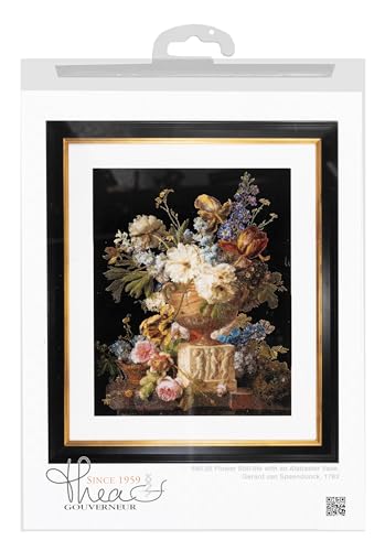 Thea Gouverneur - Counted Cross Stitch Kit - Flower Still-Life with an Alabaster Vase - Aida Black - 18 Count - for Adults - DMC Embroidery Threads and Other Cross Stitch Supplies Included - 580.05 - color: 580.05 Aida Black