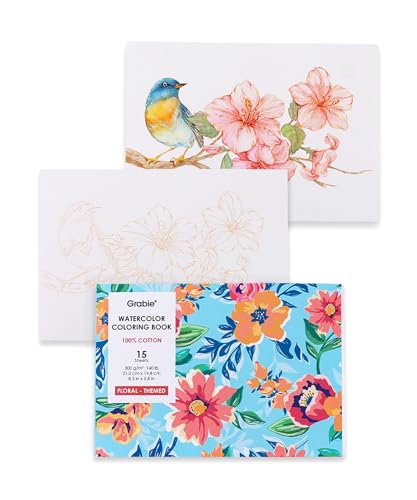 Grabie Watercolor Coloring Book, 15 A5 Cotton Sheets, Flower Themed - color: Floral