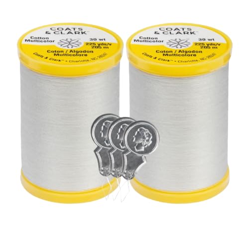 Coats & Clark Cotton All Purpose Sewing Thread 100% Mercerized Cotton 225 Yards Each Spool S970 2 Pack Bundle with 3 Bella's Crafts Needle Threaders (Silver) - color: Silver