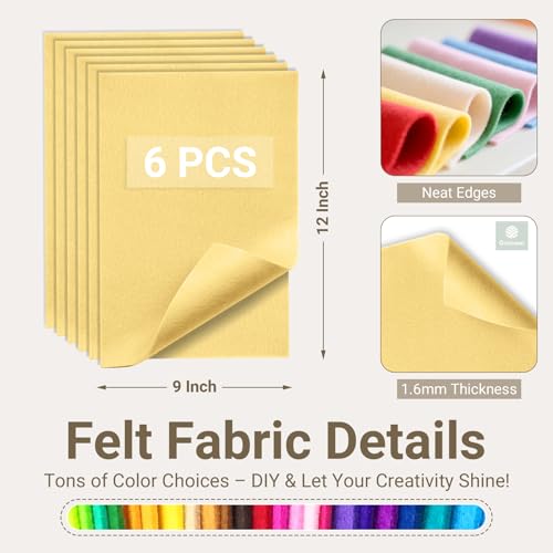 Pastel Yellow Soft Felt Sheets for Crafts, 9" x 12", 1.6mm Thick, 6 Pcs - color: Pastel Yellow