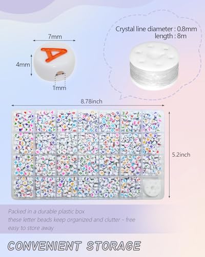 Amaney 1400pcs Colorful Letter Beads 4x7mm Alphabet A-Z Heart White Flat Round Acrylic Beads and Crystal Line for Jewelry Making Bracelets Necklaces Key Chains (Colorful Heart) - color: Colorful&heart, size: 7x4mm