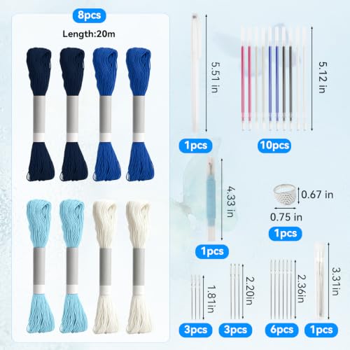 64 Pcs Sashiko Kit - 30 Sashiko Templates, 8 Skeins Sashiko Thread, Needles, Water Erasable Pens, Thimble & Seam Ripper for Japanese Embroidery, Hand Quilting & Mending