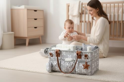 Moteph Diaper Caddy with Changing Mat, Large Baby Diaper Caddy Organizer with Lid, Portable Organizer Basket for Nursery and Car, Shoulder Strap and Pacifier Organizer - style: Deluxe Set