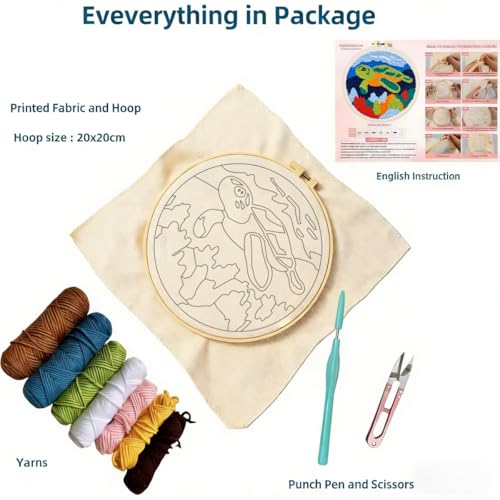 DIY Punch Needle Kits Green Sea Turtle with Hoop 20x20cm-5 - color: 02-Sea Turtle