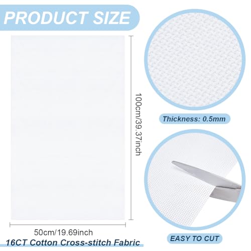 BENECREAT 16CT Cotton Cross Stitch Fabric, 40x20 Inch Aida Cloth 16 Count Embroidery Cloth for Craft Embroidery, Handmade Needlework, DIY Handicrafts, 0.5mm Thick - size: 40x20inch (16CT)