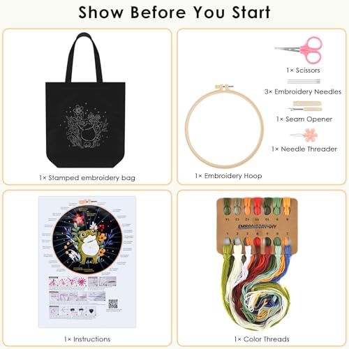 ERKOON Canvas Tote Bag Embroidery Kit for Beginners, Needlepoint Arts Crafts Cross Stitch Kits for Adults Including Stamped Embroidery Bag with Hoops, Needle, Instruction and Color Threads (Frog) - color: Frog
