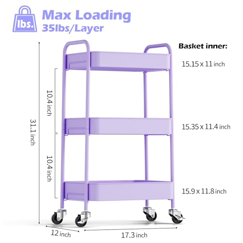 TOOLF 3 Tier Metal Rolling Cart, Utility Storage Cart with Wheels, Purple - color: Purple, size: 3-Tier
