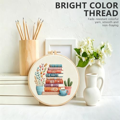 DIY Embroidery Kit for Beginners Adults, Stamped Books, Flowers & Coffee Pattern Embroidery Kit, Cross Stitch Set Include Embroidery Cloth Hoops Threads Needles Instruction, for Home Ofiice DIY Gift