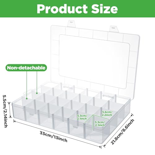 2 Pack 24 Grids Clear Plastic Bead Organizer Box, Fishing Tackle Box Compartment Organizer with Adjustable Dividers for Jewelry, Art Craft, Bead Storage Containers