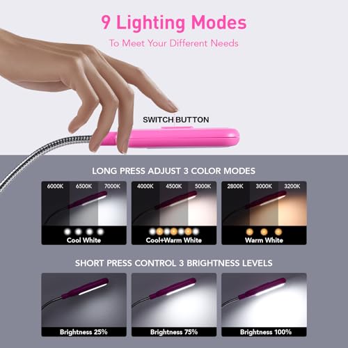 VAVOFO Rechargeable Book Light for Reading in Bed Kids, 7 LED Reading Light with 9-Level Warm Cool White Daylight, Eye Care Lamp with Power Indicator for Bookworms (Rose) - color: Rose