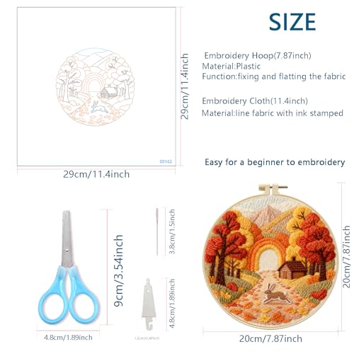 Zhenqing Autumn Forest Rabbit Embroidery Kit for Beginners, Fall Animal Craft Set with 20cm Hoop, Printed Design on 29x29cm Cotton Fabric, DIY Cozy Wall Art (C0162) - color: Autumn Forest Rabbit