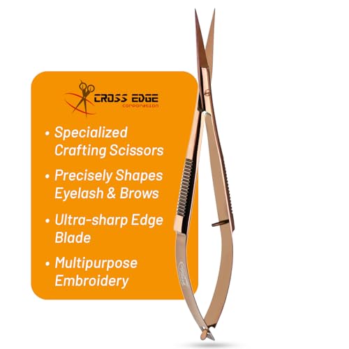 Cross Edge Spring Scissors 5 Inch straight Stainless Steel Precision Eyebrow & Eyelash Shaping & Trimming Scissor, Snips Squeeze, Embroidery, Knitting Micro Tip Craft Scissors (Rose Gold) - color: Cec-ss-08