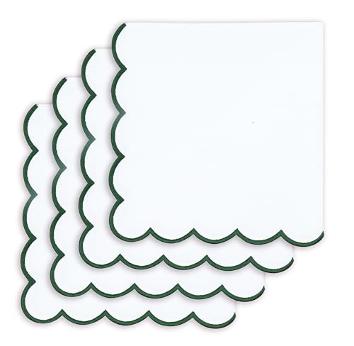 PurpleEssences Scalloped Cloth Napkins 18x18 in - White Edges Forest Green - color: White(edges- Forest Green)