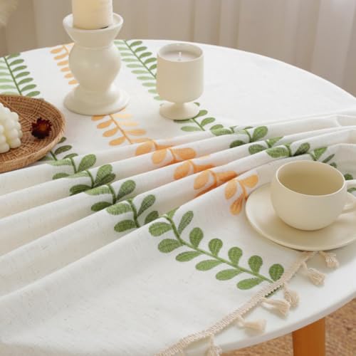 AMZALI Round Tablecloth Embroidery Leaf Pattern Wrinkle Free Heavy Weight Cotton Linen Farmhouse Tablecloth Decorative Fabric Tassel Table Cover for Outdoor and Indoor Use - color: Color Leaf, size: 60" (Round)