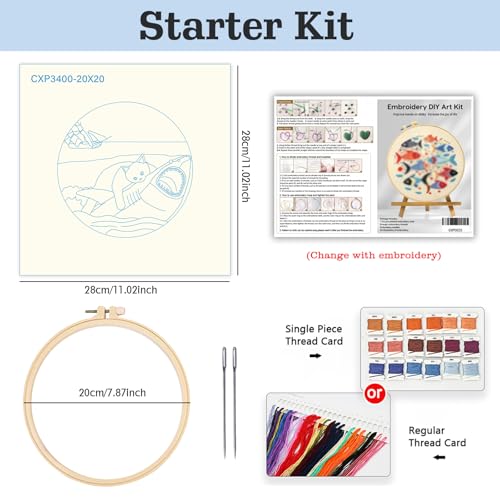 Black Cat Riding a Shark and a Sailboat Stamped Pattern Embroidery Kit for Beginners Adults Includes Cloth,Hoop,Color Threads,Needles and Instruction,Lover Hand Stitch with Embroidery Skill Techniques