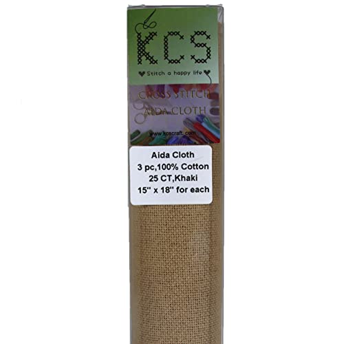 KCS 3 pc of 15" x 18" Counted Cross Stitch Cotton Aida Cloth Needlework Fabric,25CT,Khaki - color: Khaki, size: 25CT