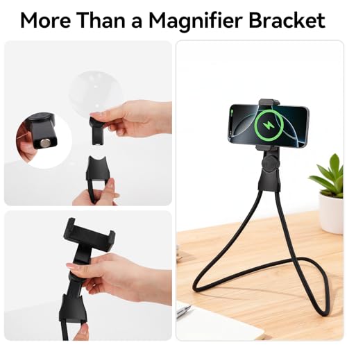 2 in 1 Hands Free Magnifying Glass, Desktop Cell Phone Stand, 10X 20X Magnifying Glass for Reading, Flexible Lazy Bracket DIY Free Rotating on Table, for Sewing, Cross-Stitching