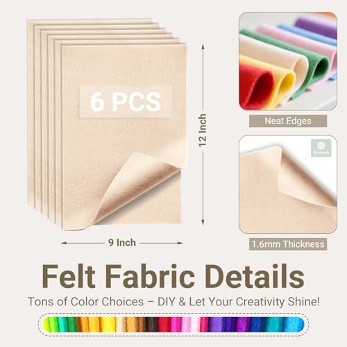 Nude Tones Soft Felt Sheets for Crafts, 9" x 12", 1.6mm Thick, 6 Pcs - color: Nude Tones