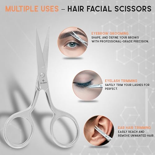 GLORY Small Precision Embroidery Scissors 3.75 Inch Sharp Pointed Tip Stainless Steel Shears for Sewing, Crafting & Needlework, Professional Grooming Scissors for Eyebrows, Eyelash & Facial Hair