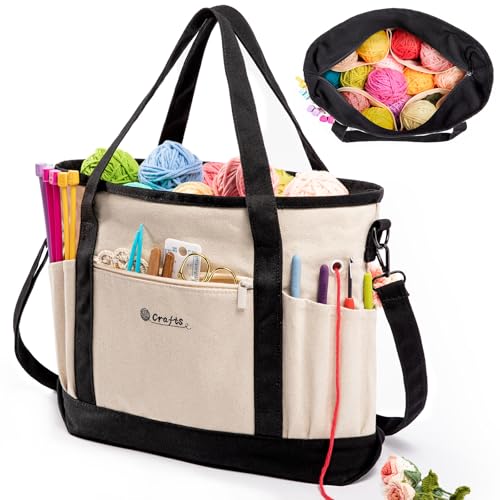 MYBAGZING Canvas Yarn Storage Organizer Bag Washable Crochet Bag with Pockets for Yarn, Hooks, Needles – Travel Knitting Tote for Crafters – Gift for Crocheters & Knitters (Medium/Large) - color: Nature-Black, size: Large-15”