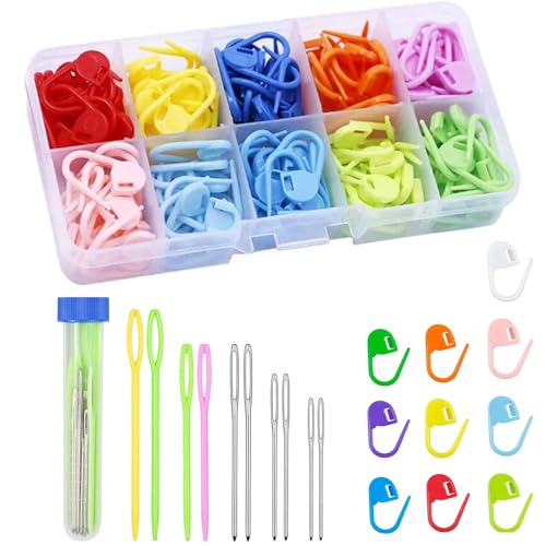 120 Pieces Knitting Crochet Locking Stitch Markers 10 Color,10 Pcs Large Eye Blunt Sewing Needles for Knitting Sewing Stitching Weaving with Storage Case