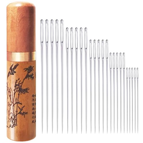 Large Eye Sewing Needles, Embroidery Needles, Stainless Steel, 25 Pieces Sharp Needles with Wooden Needle Case Carving Pattern - style: Contemporary