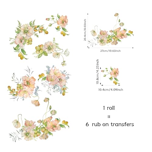 Floral Rub on Transfer for Furniture Vintage Large Flower UV DTF Transfer Sticker for Wood Glass Home Decor, Poppy and Kumquat - style: Poppy and Kumquat