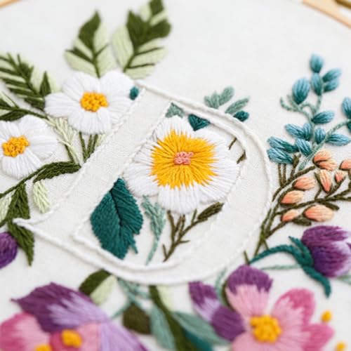 Zerzsy 7.87 '' Embroidery Kits Plant Flower Leaf English Letter Patterns for Beginners Adults, Easy to Learn Cross Stitch Kit for Home Office Decor - color: Letter D